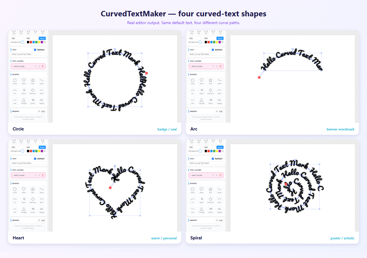 The CurvedTextMaker editor rendering text on four curved-text shapes