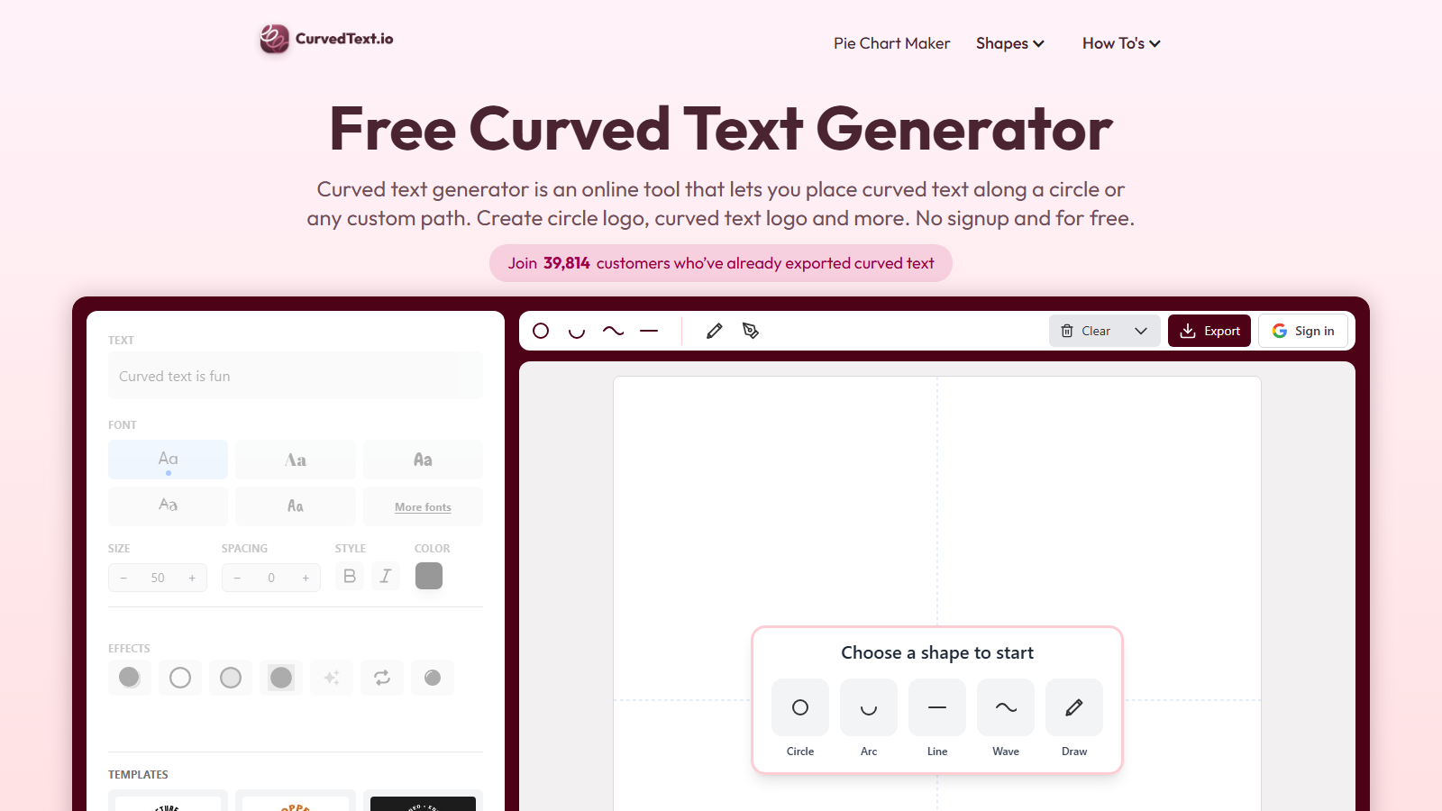 The curvedtext.io curved-text generator showing sample text on an arc