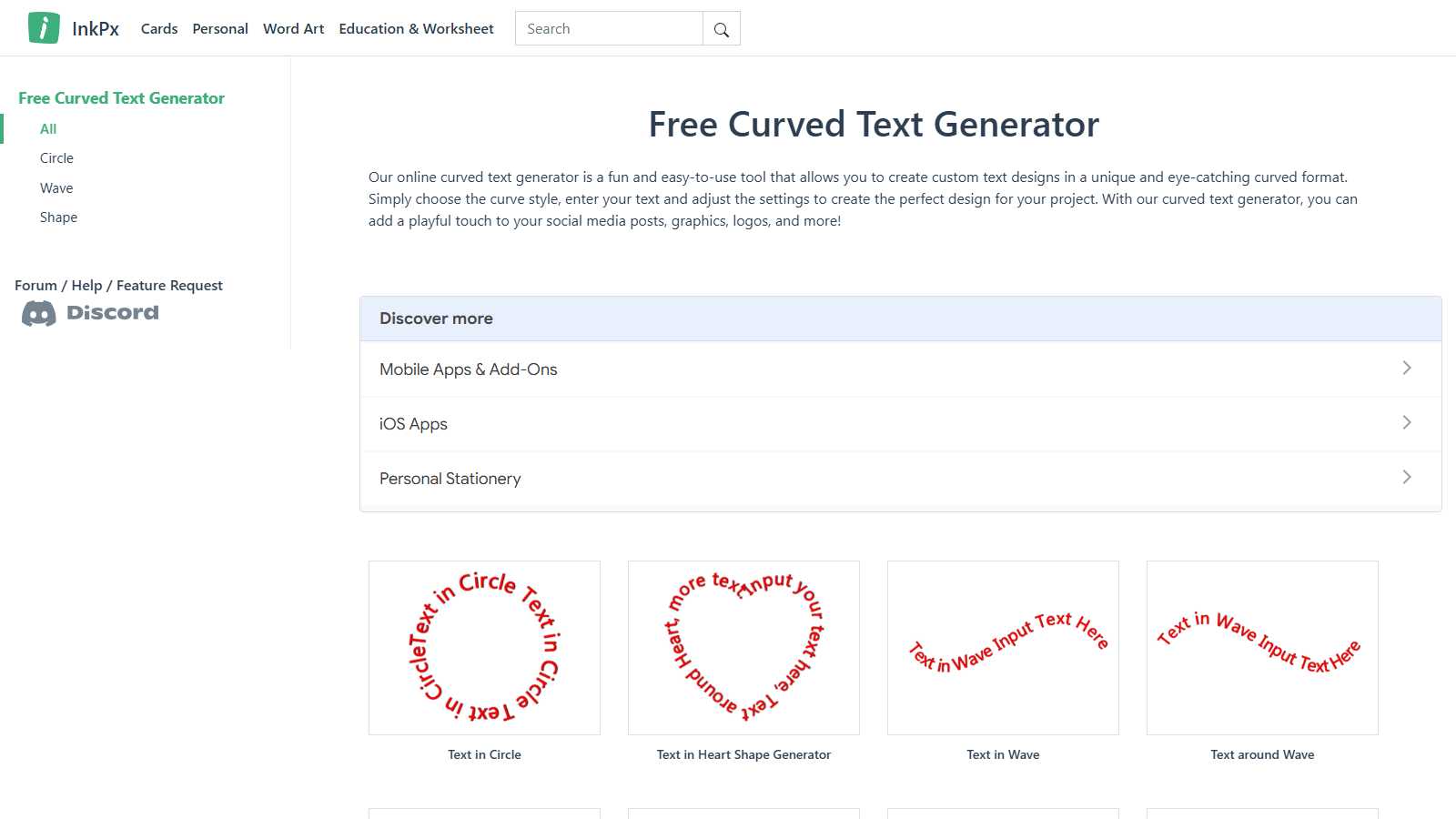 The InkPx curved-text generator with sample curved text and style controls