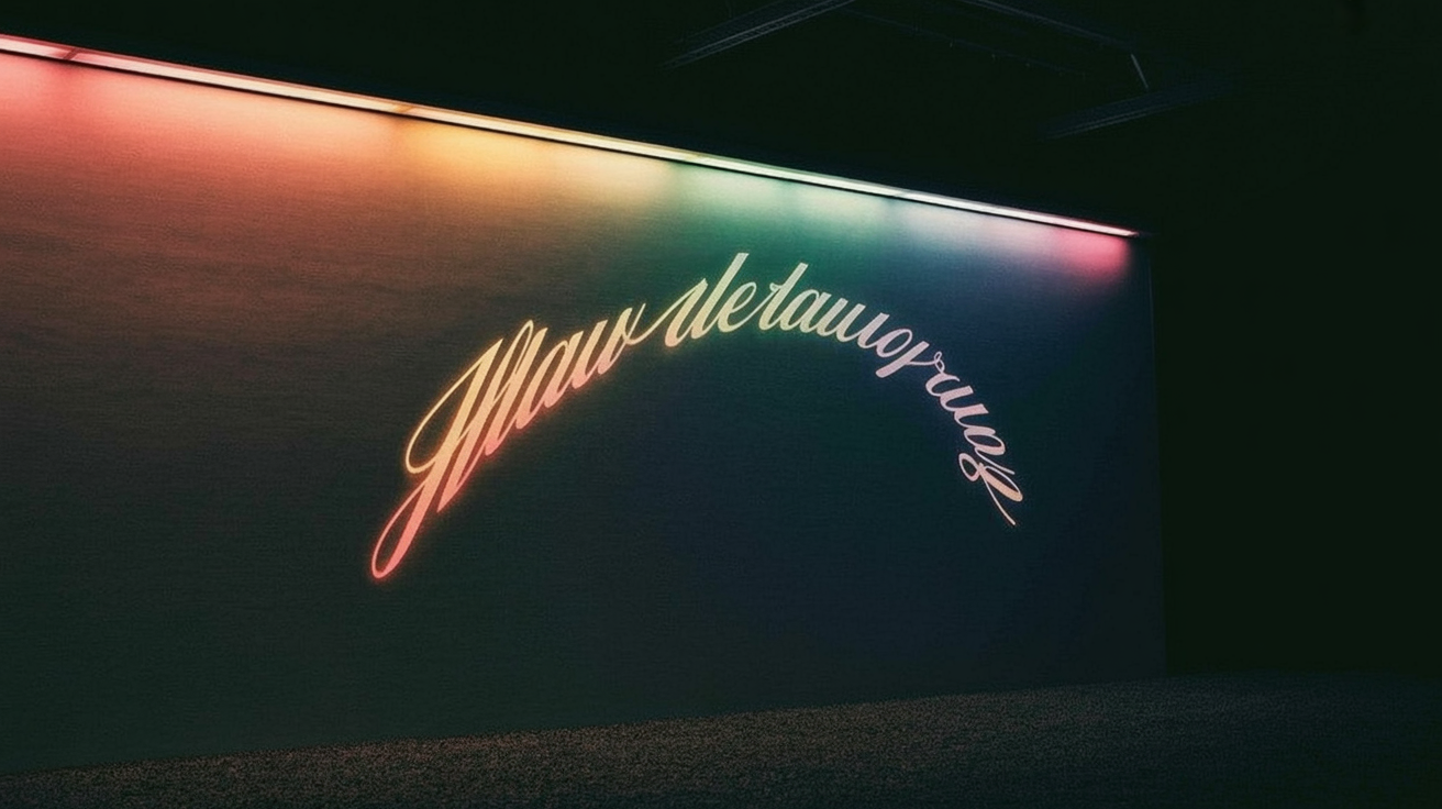 Curved text arcing across a design canvas in gradient pink, cyan and violet