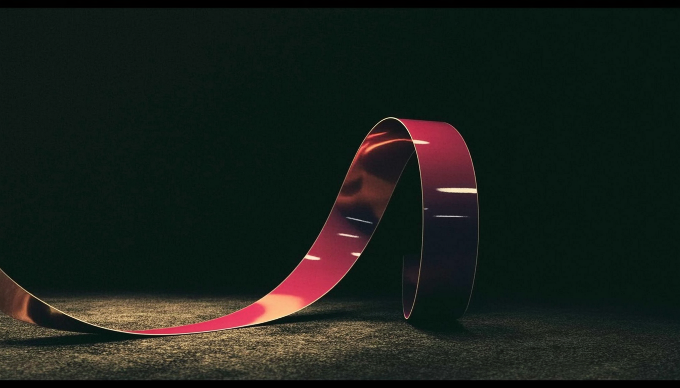 Glossy magenta and violet vinyl ribbon curving into a smooth arc on a dark background, like curved text for Cricut projects