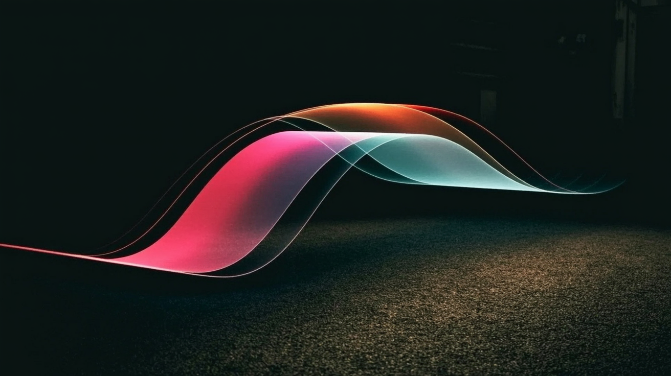 Curved text arcing across a Photoshop-style design canvas in gradient pink, cyan and violet