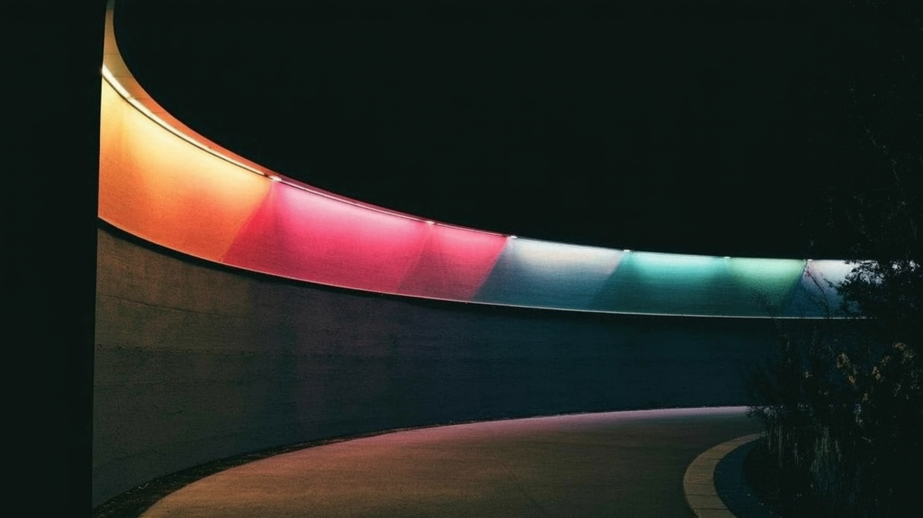 Curved text arcing across a PowerPoint slide layout in gradient pink, cyan and violet