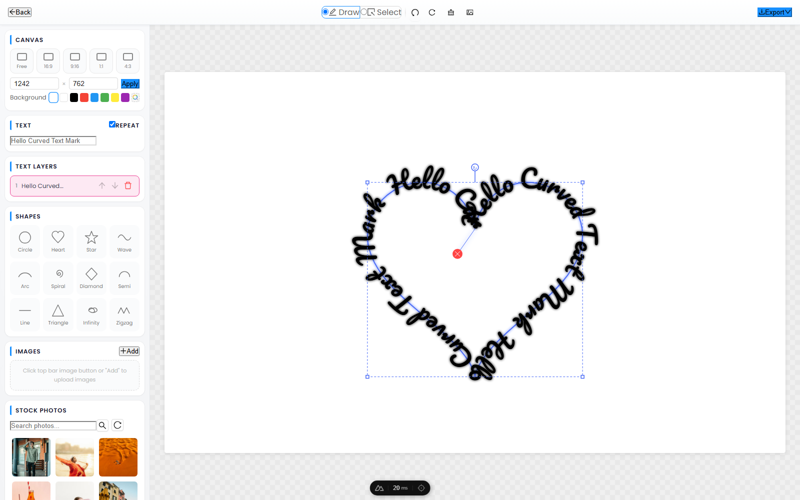 The CurvedTextMaker editor rendering sample text wrapped along a heart-shaped path