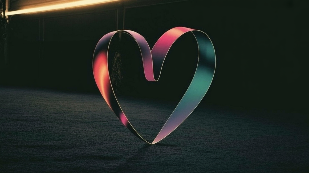 Abstract gradient artwork of a glowing heart outline, evoking heart-shaped curved text in pink, cyan and violet