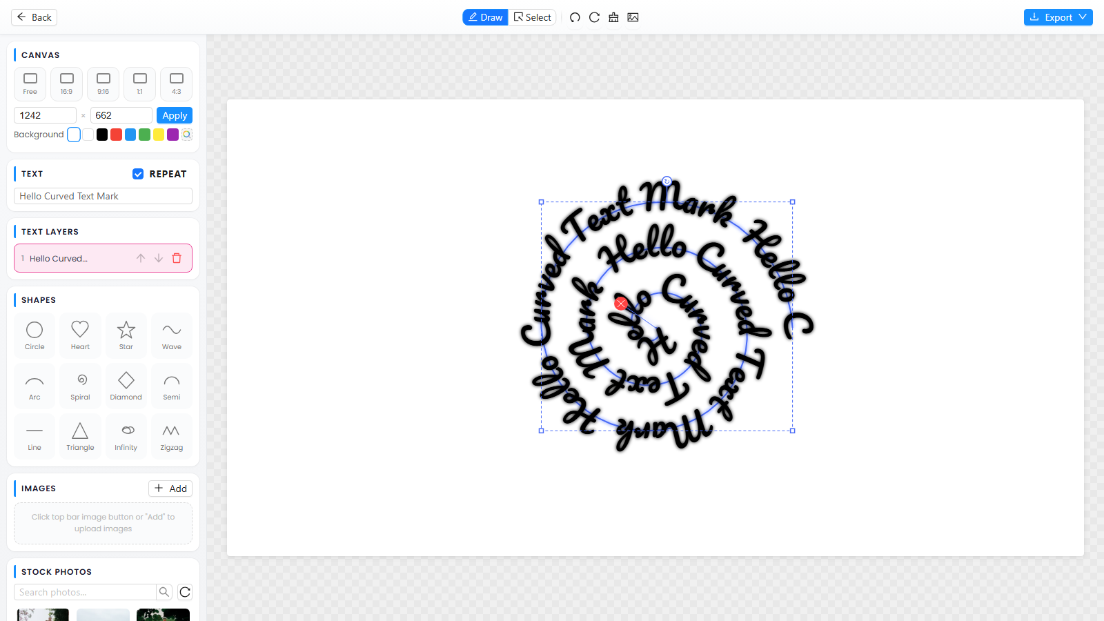 CurvedTextMaker spiral text generator rendering sample text in a spiral