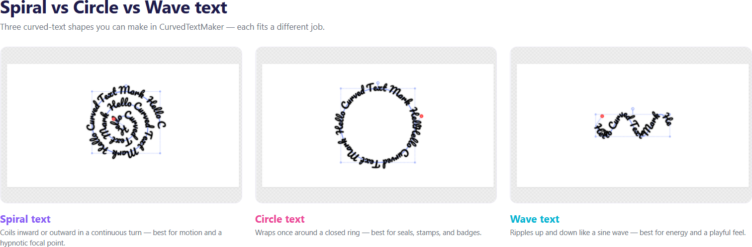 Spiral, circle, and wave text compared — three curved-text shapes made in CurvedTextMaker