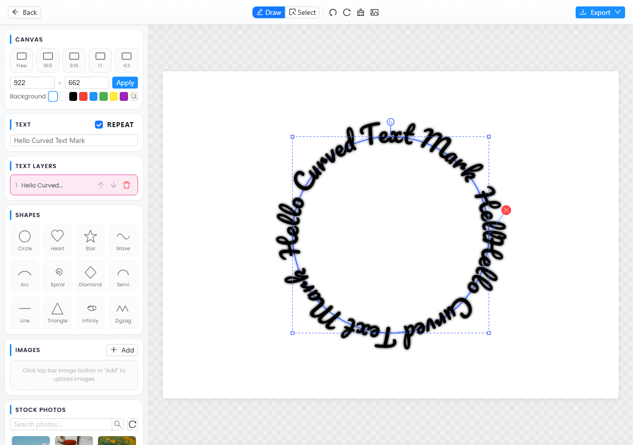 The CurvedTextMaker editor rendering sample text wrapped around a circle