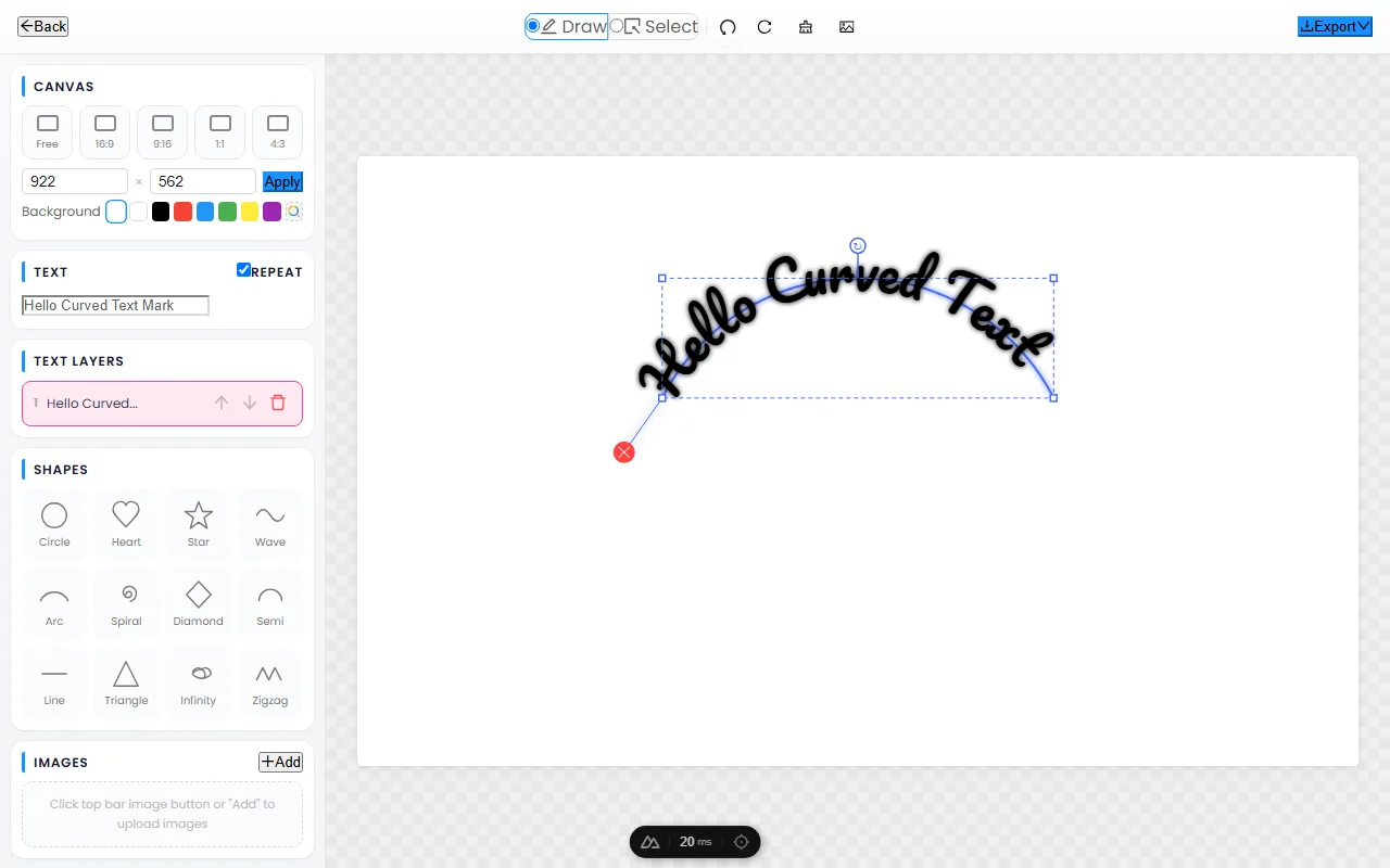 The CurvedTextMaker editor rendering sample text bent along an arc