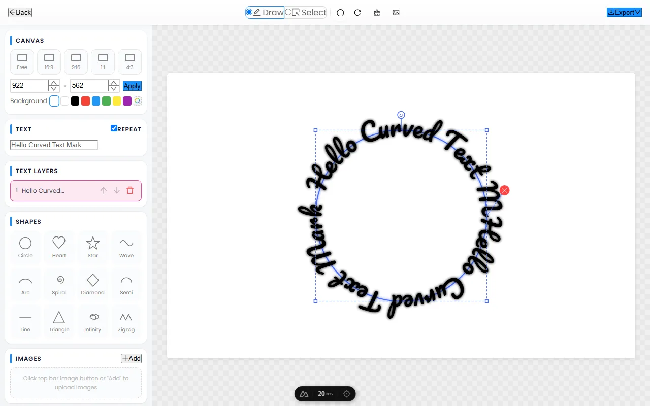 The CurvedTextMaker editor rendering sample text wrapped around a circle