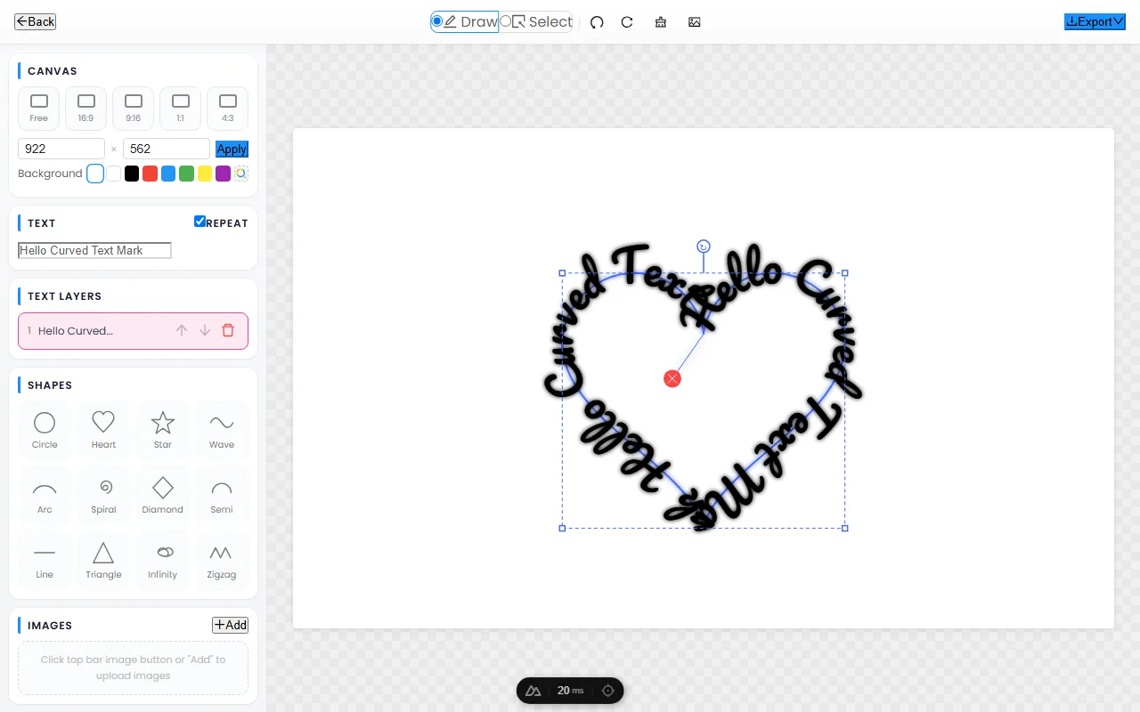 The CurvedTextMaker editor rendering sample text tracing a heart outline