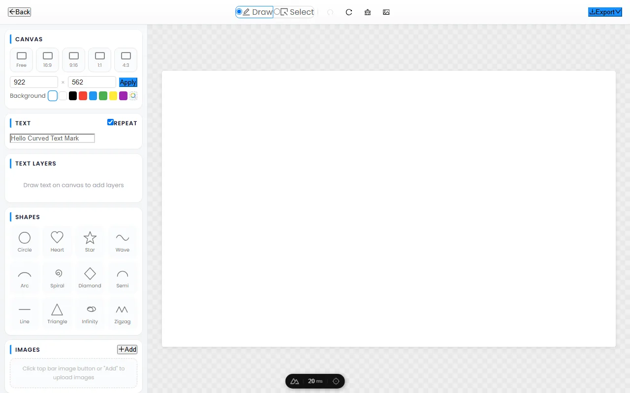The CurvedTextMaker editor ready to draw a custom freehand path for text to follow