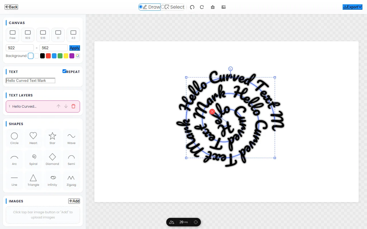The CurvedTextMaker editor rendering sample text winding along a spiral
