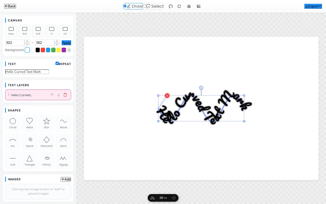 The CurvedTextMaker editor rendering sample text flowing along a wavy line
